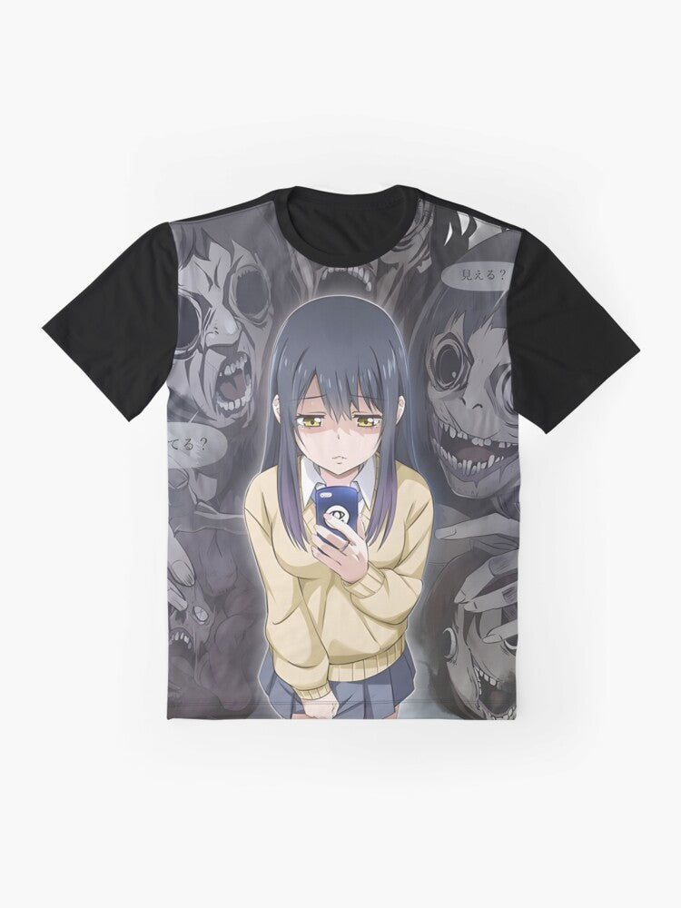 Mieruko-chan Monster Graphic T-Shirt featuring the anime character Miko Yotsuya and a funny ghost/monster design - Flat lay