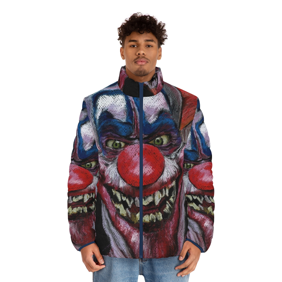 Killer clown puffer jacket with pastel horror art and alien clown design - men front