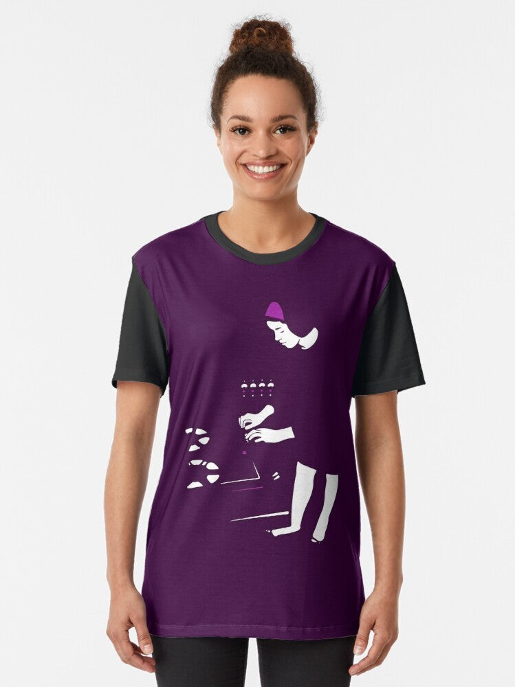 Graphic t-shirt featuring a portrait of electronic music pioneer Delia Derbyshire - Women