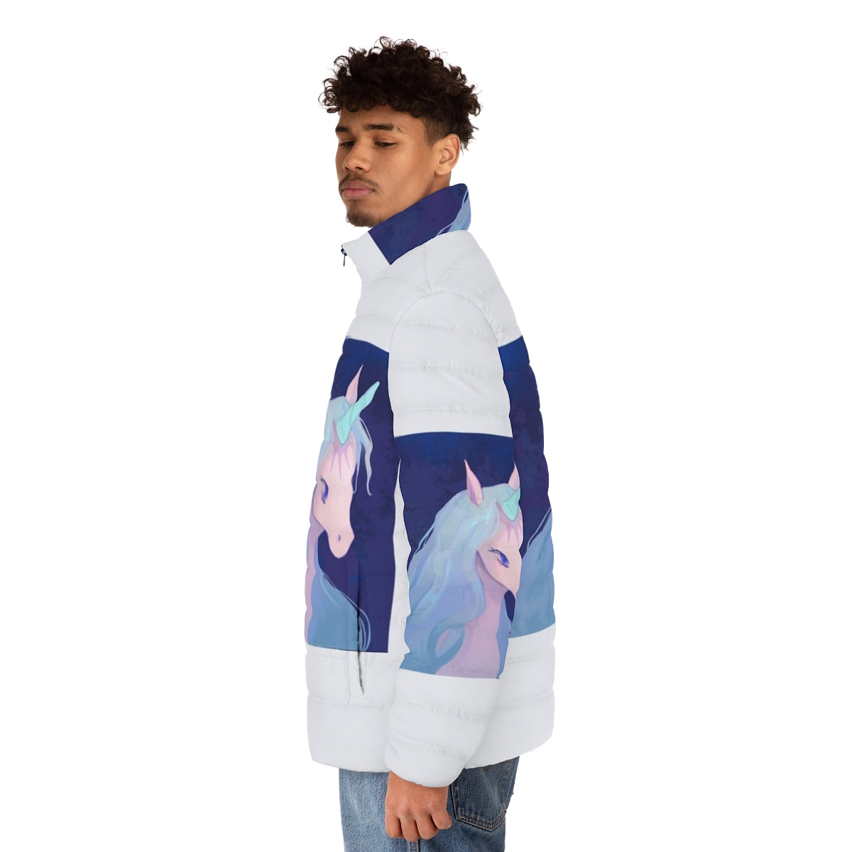 The Last Unicorn Illustration Puffer Jacket featuring a magical unicorn in a fantasy setting - men side left