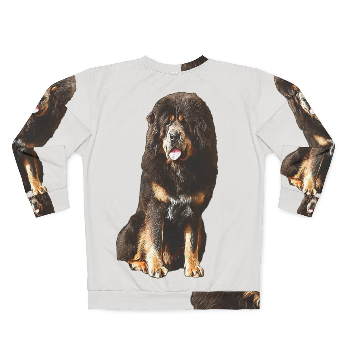 Tibetan Mastiff wearing a cozy animal print sweatshirt - Back