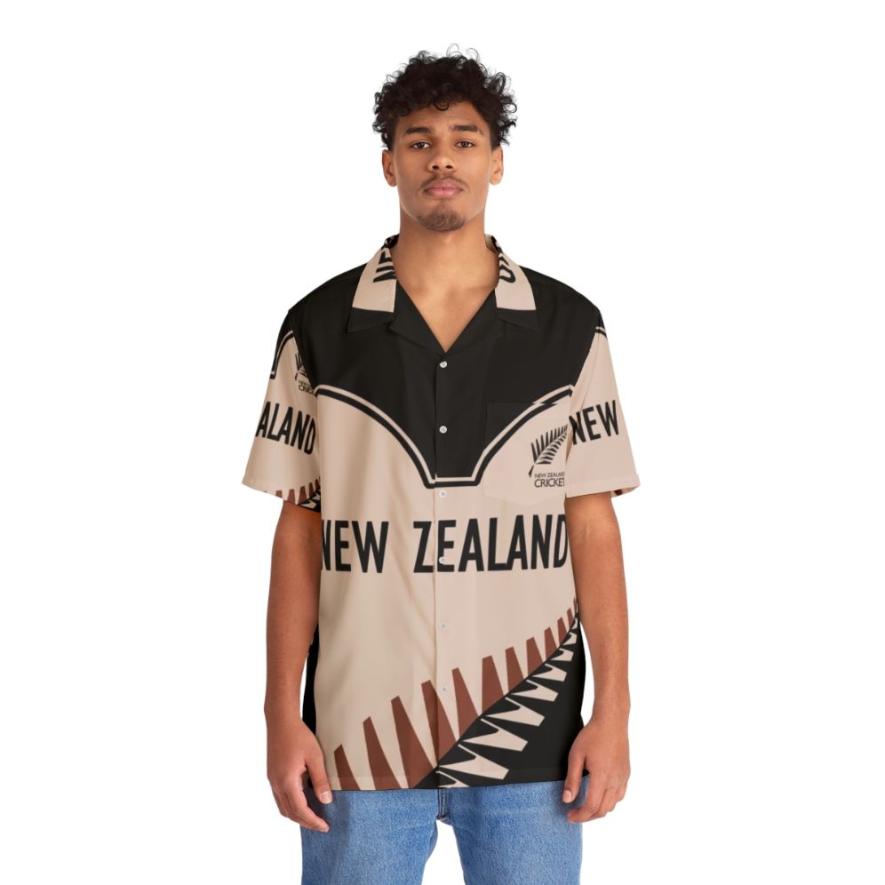 New Zealand Cricket Hawaiian Shirt with Kiwi Imagery - People Front