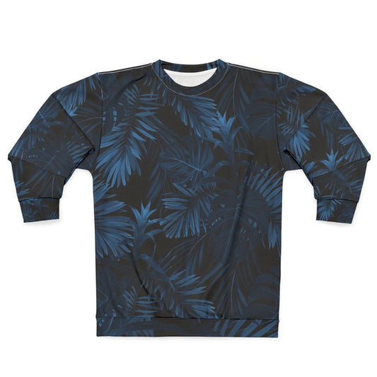 Dark indigo tropical sweatshirt with floral and nature-inspired pattern