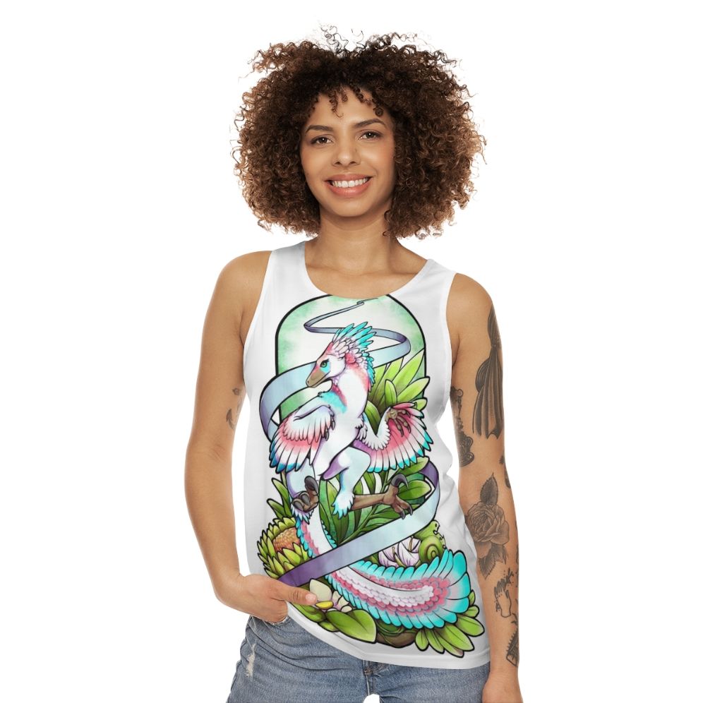 Dinosaur raptor unisex tank top with nature forest jungle design - women