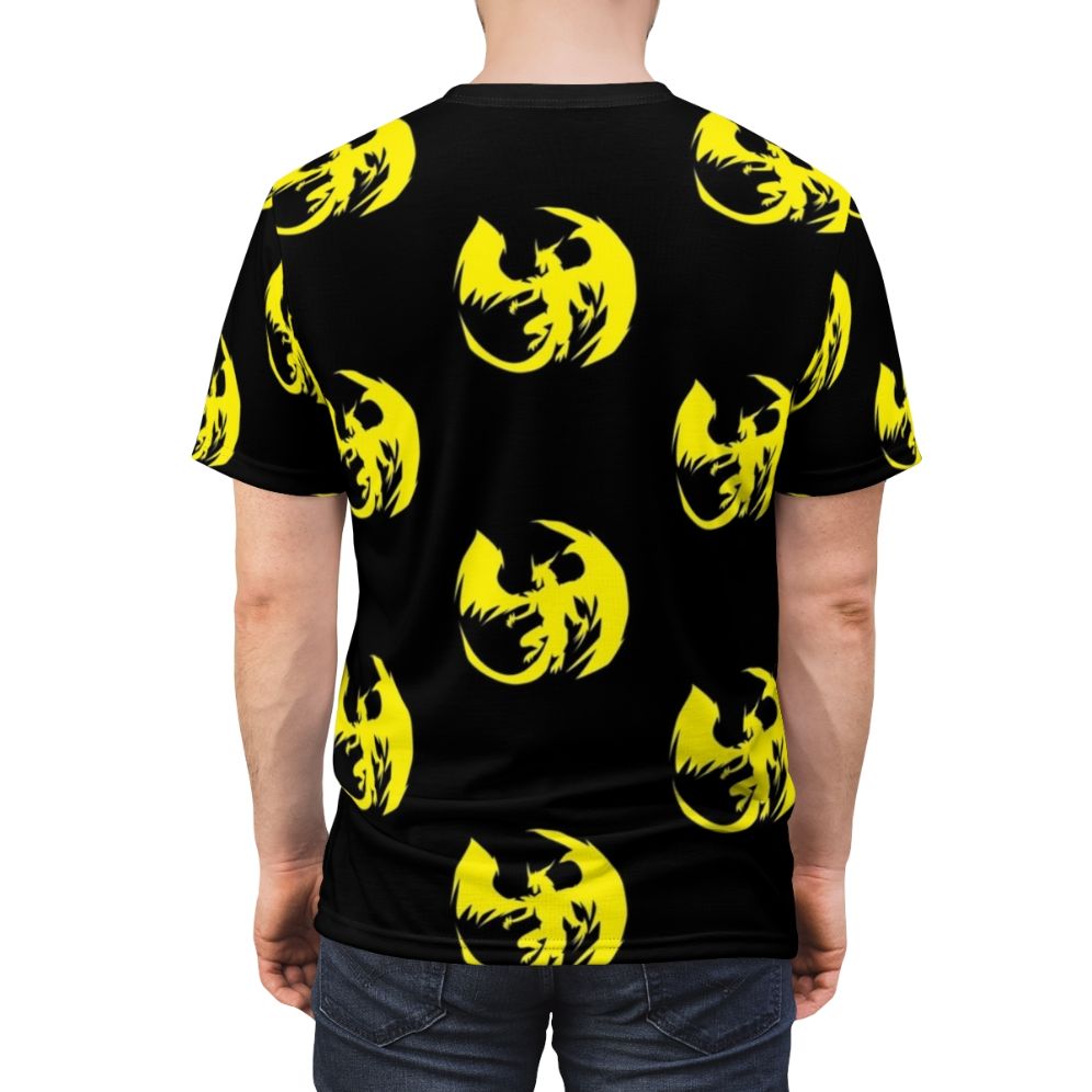 Silhouette of a majestic yellow dragon, a mythical and legendary creature, printed on a high-quality t-shirt. - men back