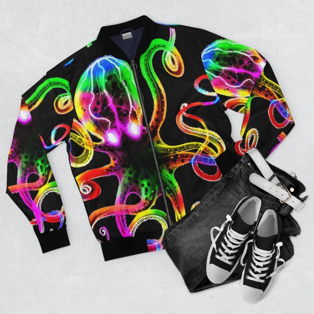 A bomber jacket with a vibrant tie-dye pattern featuring a glowing octopus design. - Flat lay