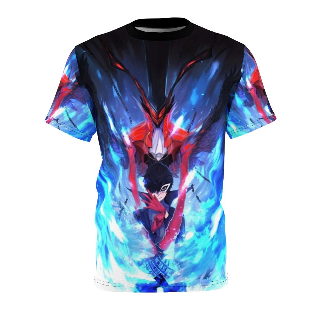 A high-quality t-shirt featuring a stylized graphic of the Persona 5 character Joker, with fiery and demonic elements.