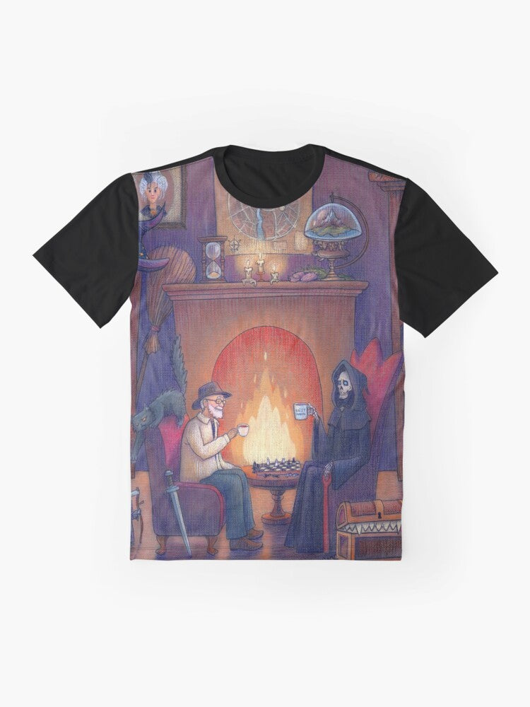 Graphic t-shirt with fantasy wizard and friendship design - Flat lay