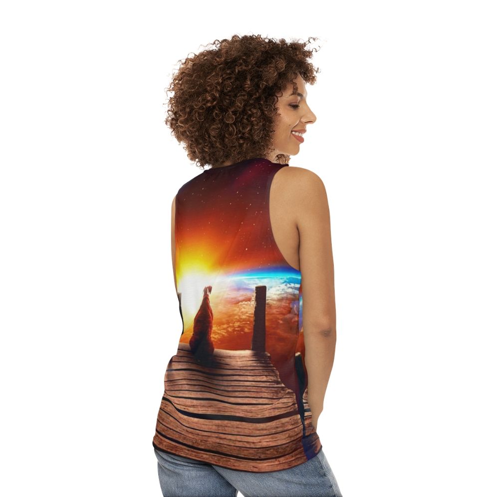 Surreal unisex tank top with digital collage of space and a dog - women back