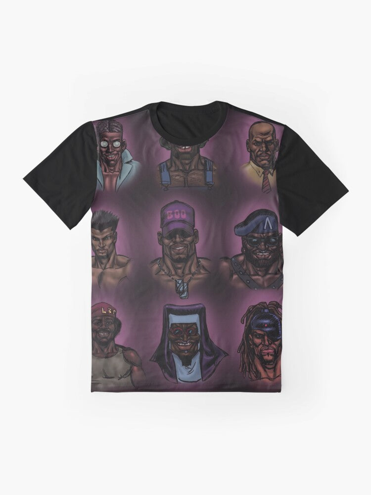 Vibrant graphic t-shirt featuring African American cartoon characters in a comic art style - Flat lay