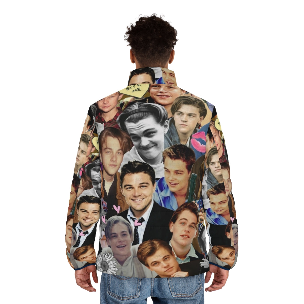 Leonardo DiCaprio collage print on a puffer jacket, featuring the actor in various movie scenes and poses. - men back