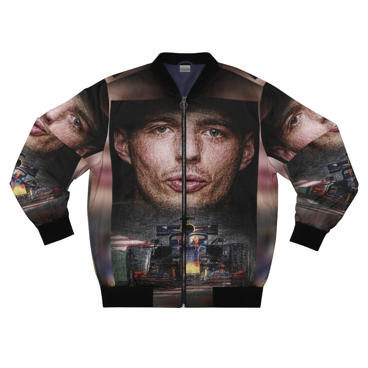 Max Verstappen wearing a stylish bomber jacket, showcasing his Formula 1 racing success and Dutch heritage.