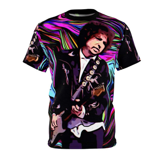 Retro-style t-shirt featuring a graphic inspired by legendary folk rock musician Bob Dylan