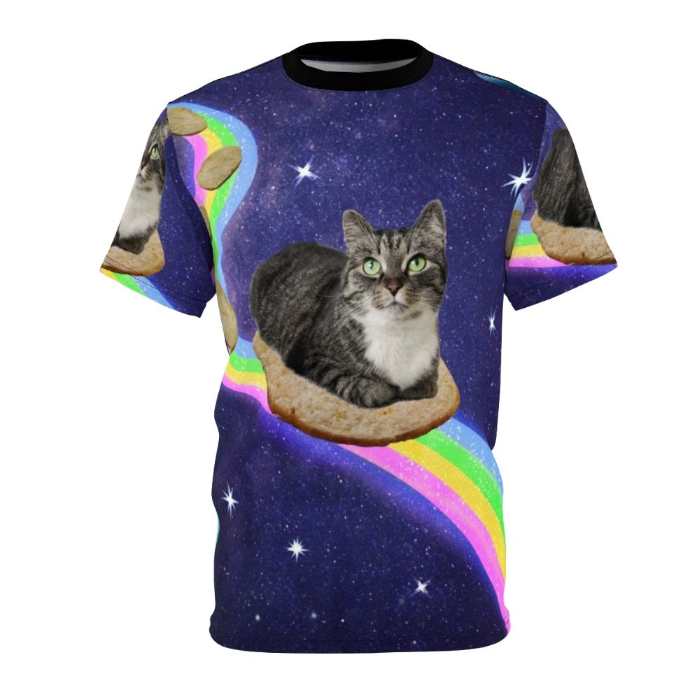 An all-over print t-shirt featuring a design of cosmic cats exploring the galaxy.