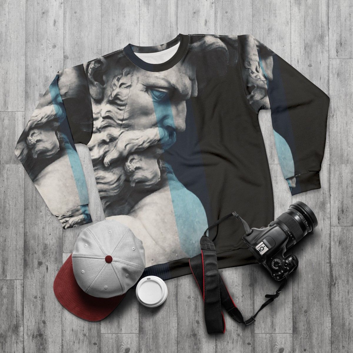 Degeneration sweatshirt featuring digital art with graphic design elements and ancient Greek mythology - flat lay