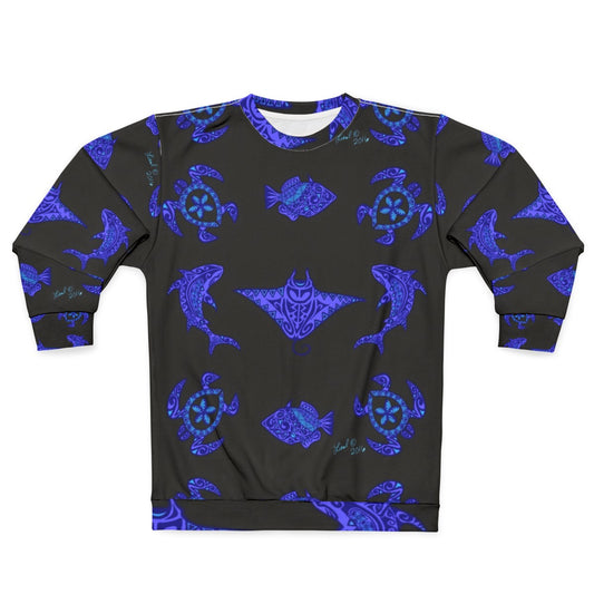 Tribal Hawaiian wildlife sweatshirt with sea turtle, ray, and shark designs