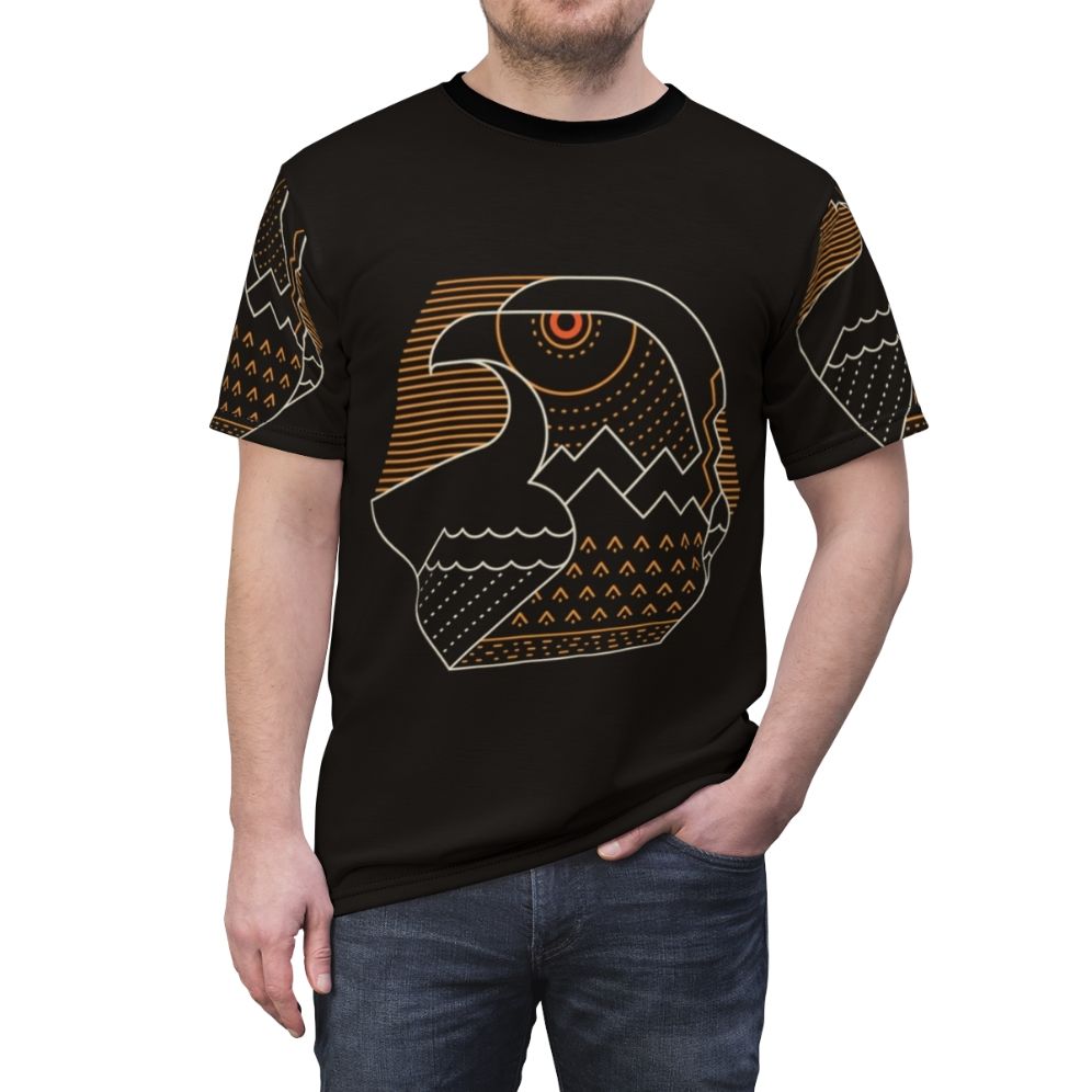 Minimalist line art design of a bird of prey, such as an eagle, hawk, or falcon, on a t-shirt. - men front