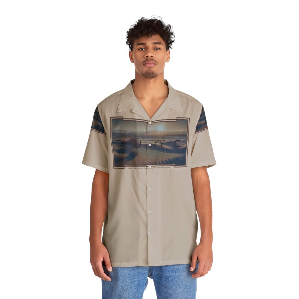 Dune-inspired greyish beige Hawaiian shirt with desert and sci-fi elements - People Front