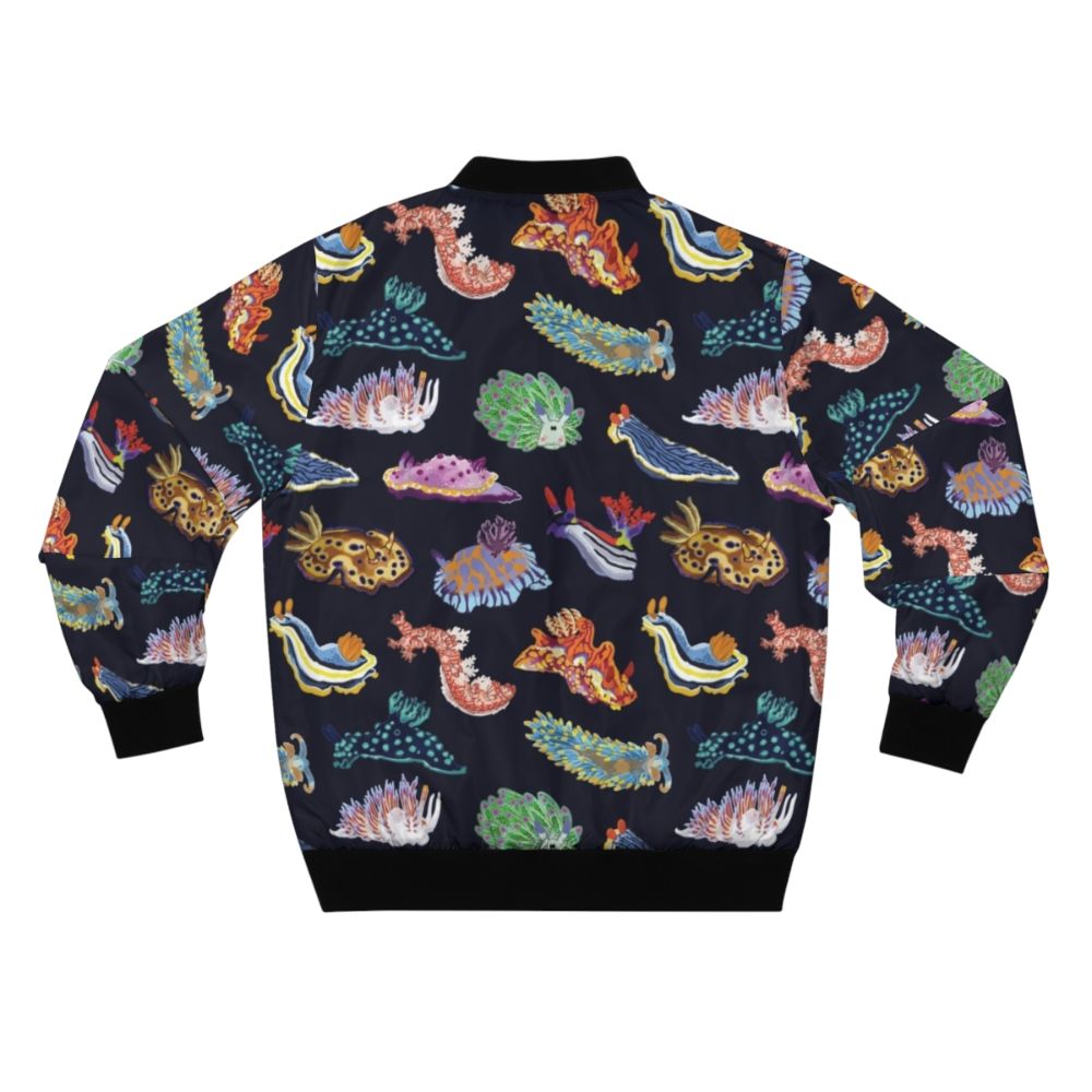 Colorful nudibranch sea slug printed on a bomber jacket, great for marine biology enthusiasts. - Back