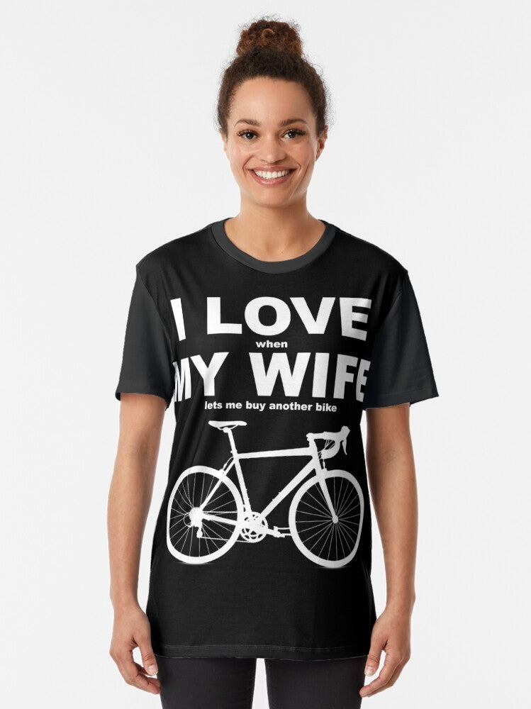 Funny graphic t-shirt with text "I LOVE MY WIFE*" and biking/cycling icons - Women