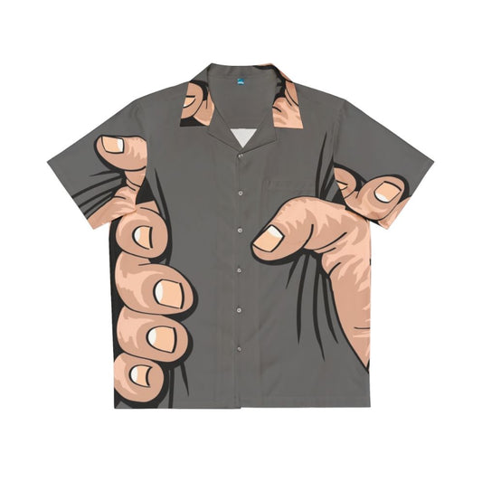 Big hand squeezing a Hawaiian shirt, humorous costume design