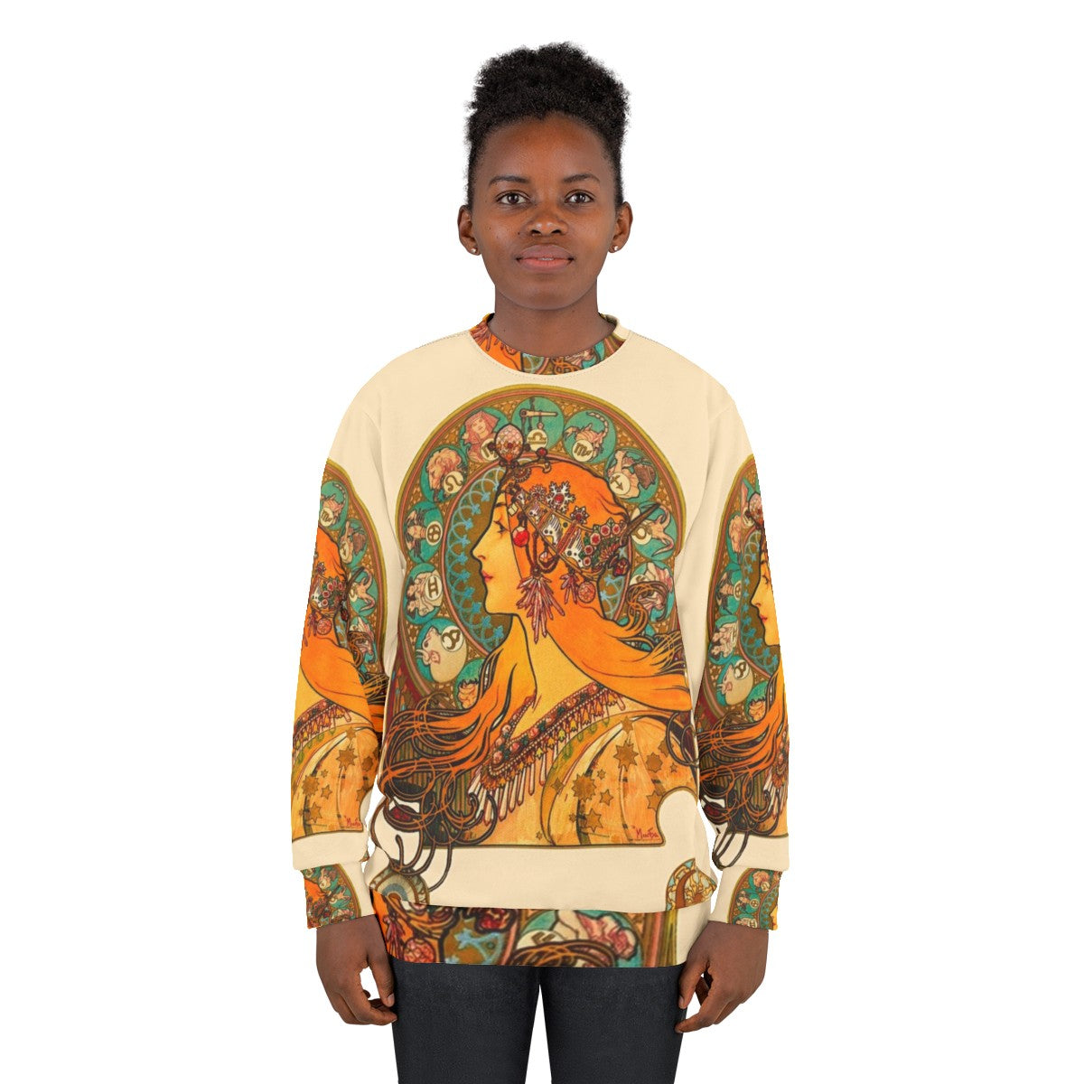 Zodiac sweatshirt with Alphonse Mucha's art nouveau style zodiac illustrations - women