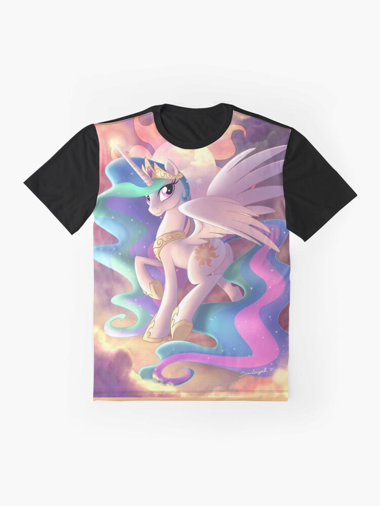 Graphic T-shirt design featuring Princess Celestia, the alicorn princess of the sun in the My Little Pony universe. - Flat lay