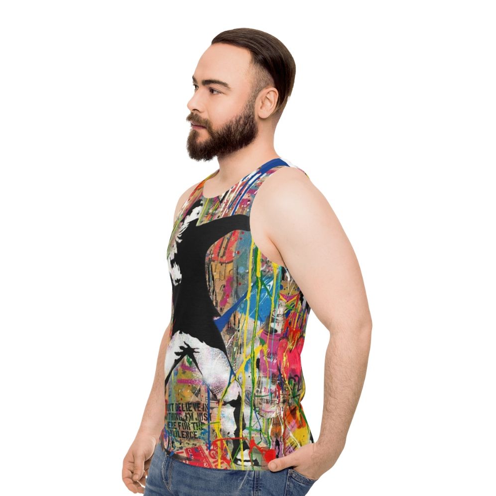 Colorful flower thrower pop art graphic on unisex tank top - men side