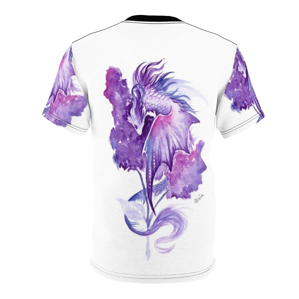 Watercolor illustration of a lilac flower dragon on a t-shirt - Back