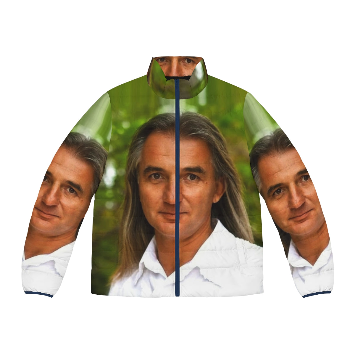 A warm and fashionable men's puffer jacket featuring the Braco Gaze of Miracles design