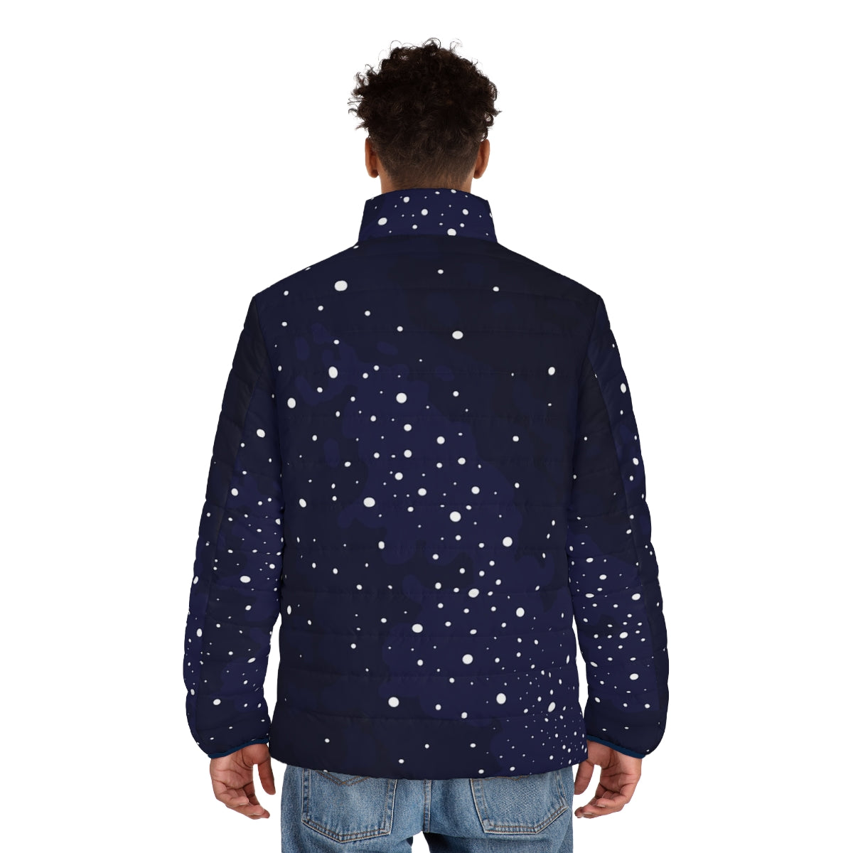 Starry night sky puffer jacket with milky way galaxy and stars - men back