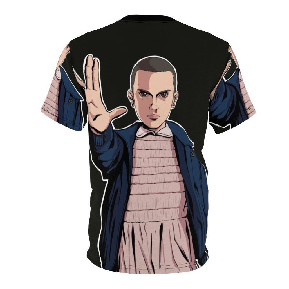 Illustration of Eleven from the Netflix series Stranger Things on an all-over-print t-shirt. - Back