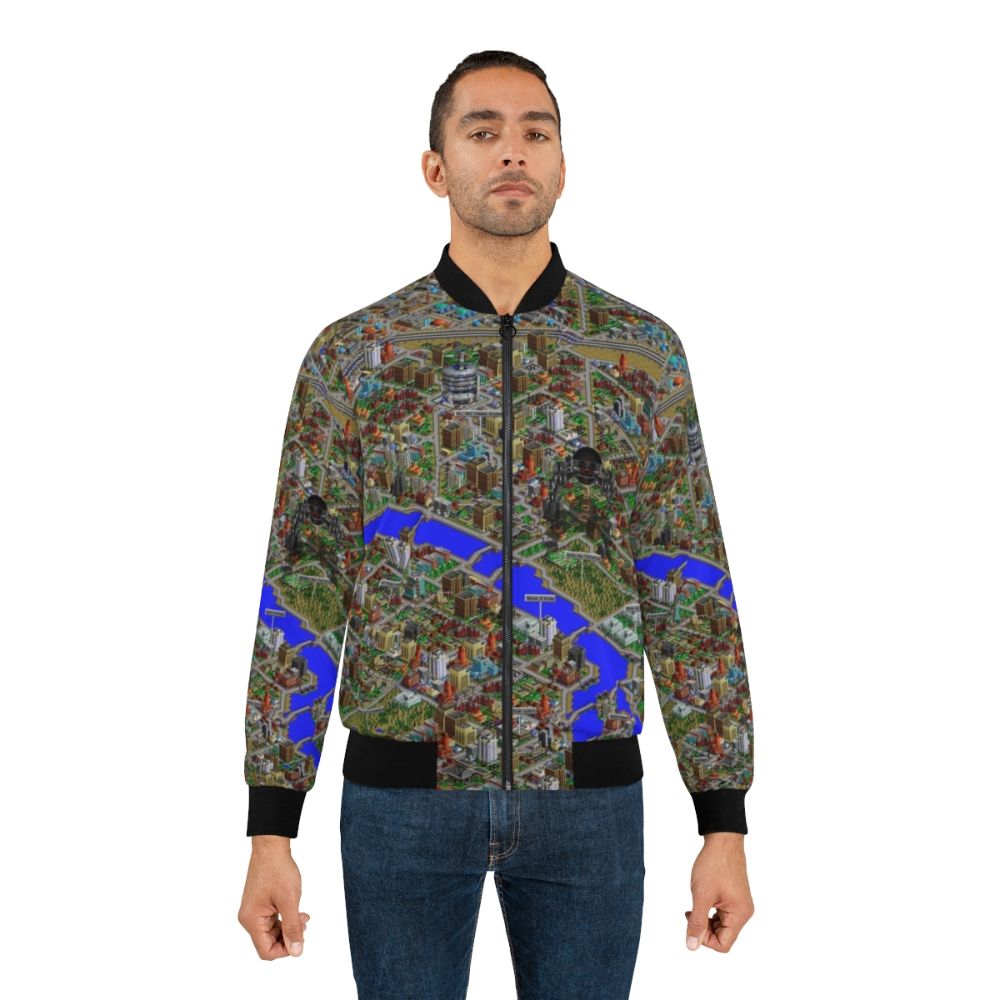 A retro-style bomber jacket featuring the iconic SimCity 2000 game logo and pixel art design. - Lifestyle