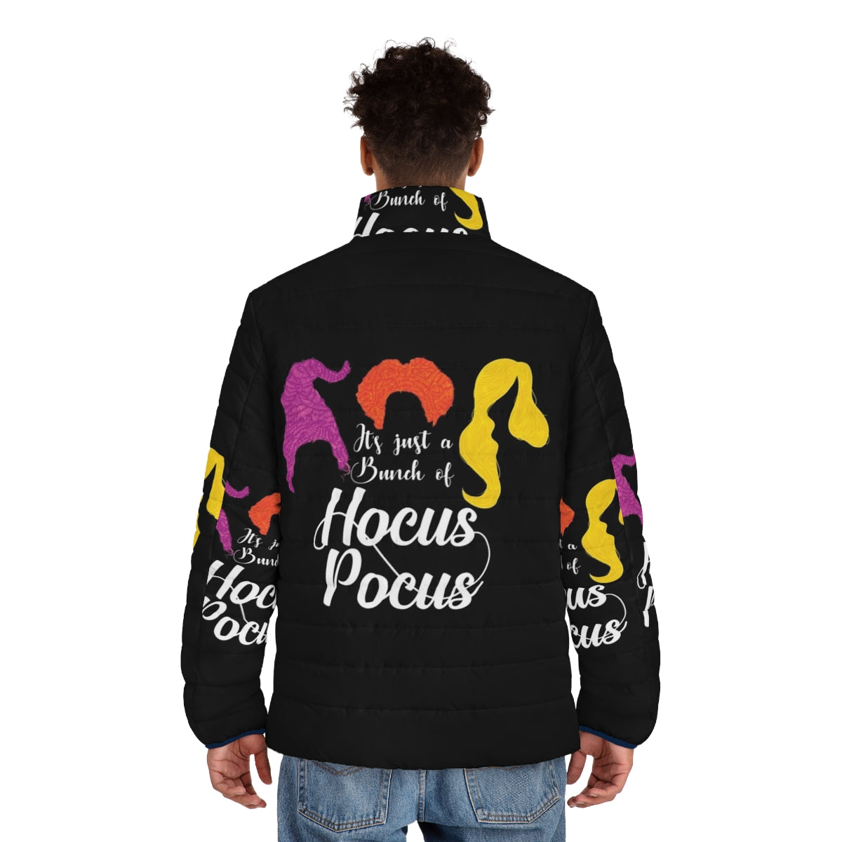 A cozy puffer jacket featuring the iconic "Hocus Pocus" movie logo, perfect for fall and Halloween - men back