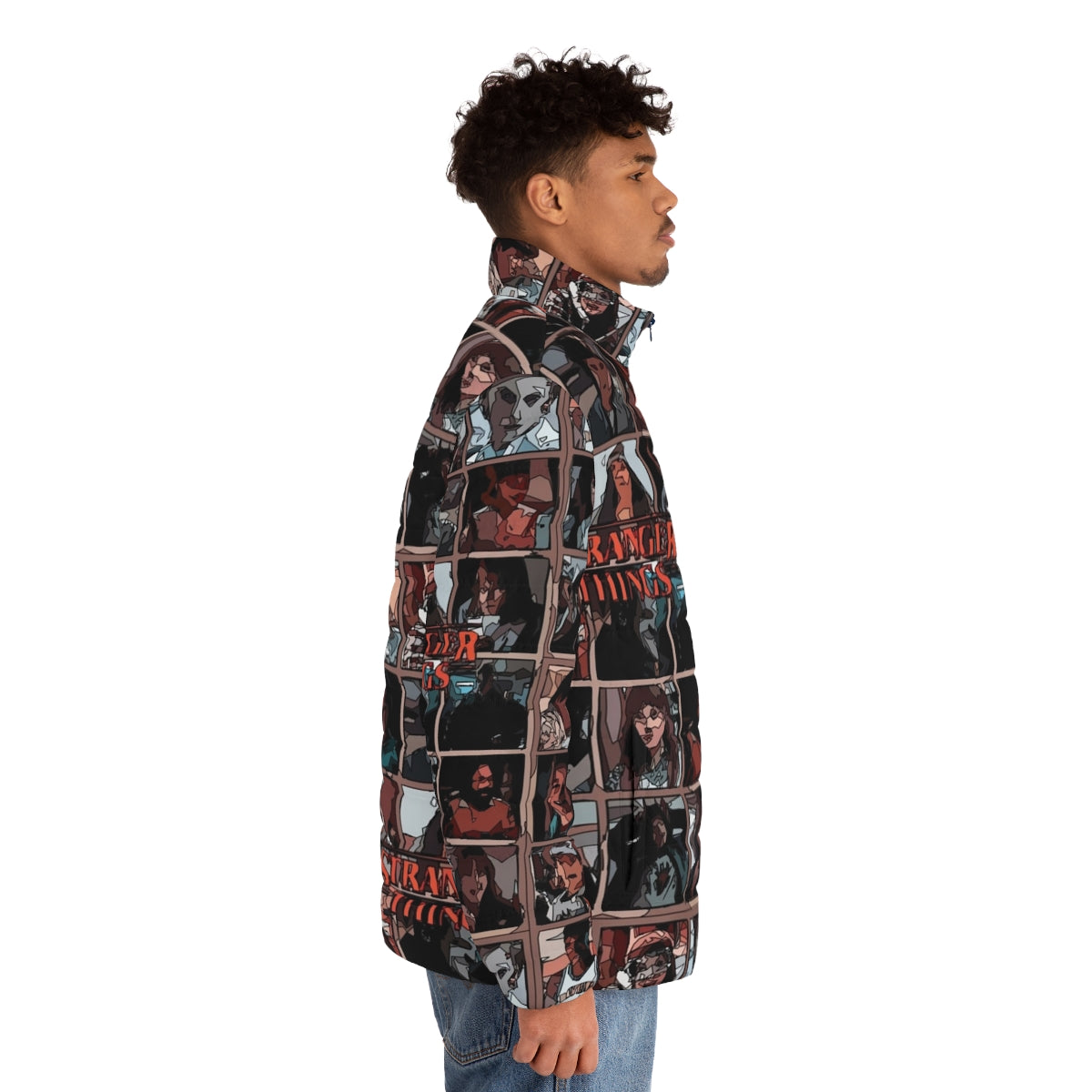 Stranger Things Fan Art Puffer Jacket with Eleven, Dustin, and Steve Harrington graphics - men side right