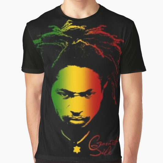 Rasta graphic t-shirt with garnet silk design featuring "nothing can divide us" and "love is the answer" messages