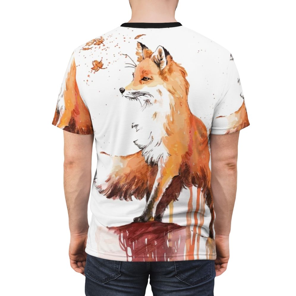 Artfully designed fox t-shirt featuring a vibrant, realistic fox illustration in an autumnal nature setting - men back