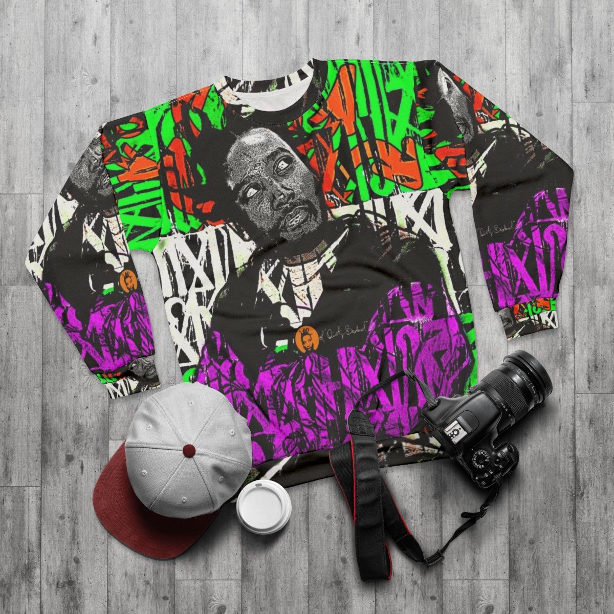 ODB inspired graffiti style sweatshirt with colorful graphics - flat lay