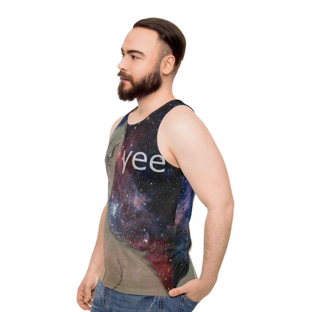 Cosmic Yee Unisex Tank Top with Dinosaur Meme Design - men side