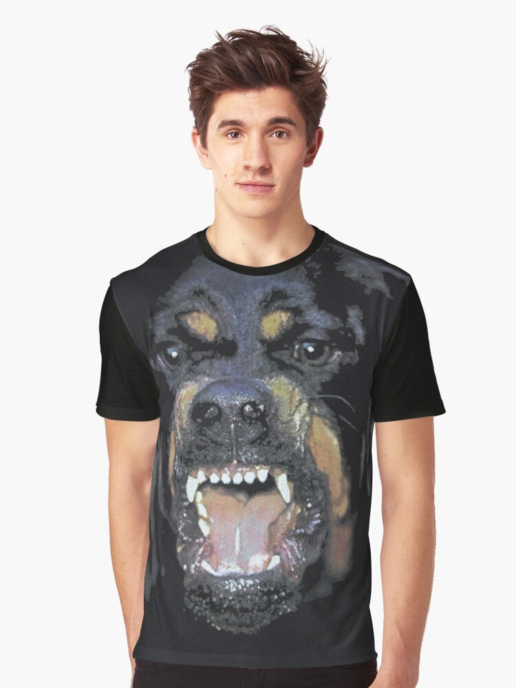 Man wearing a black t-shirt with a large rottweiler graphic design - Men