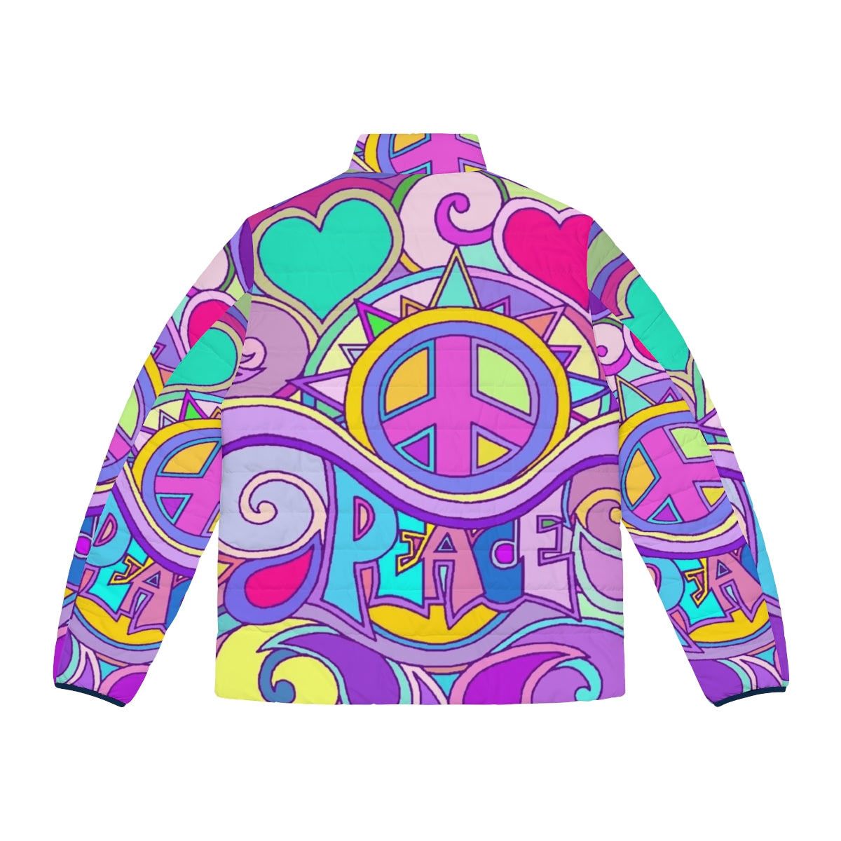 Colorful psychedelic retro puffer jacket with flower power graphics - Back