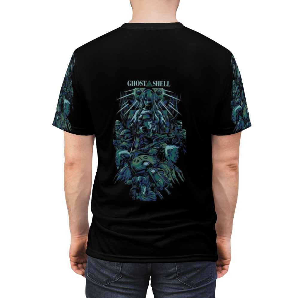 Anime inspired Ghost in the Shell t-shirt featuring characters Motoko Kusanagi, Batou, and Tachikoma - men back