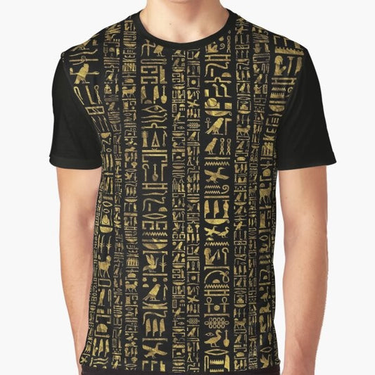 Vintage Egyptian hieroglyphs in gold color on a black t-shirt