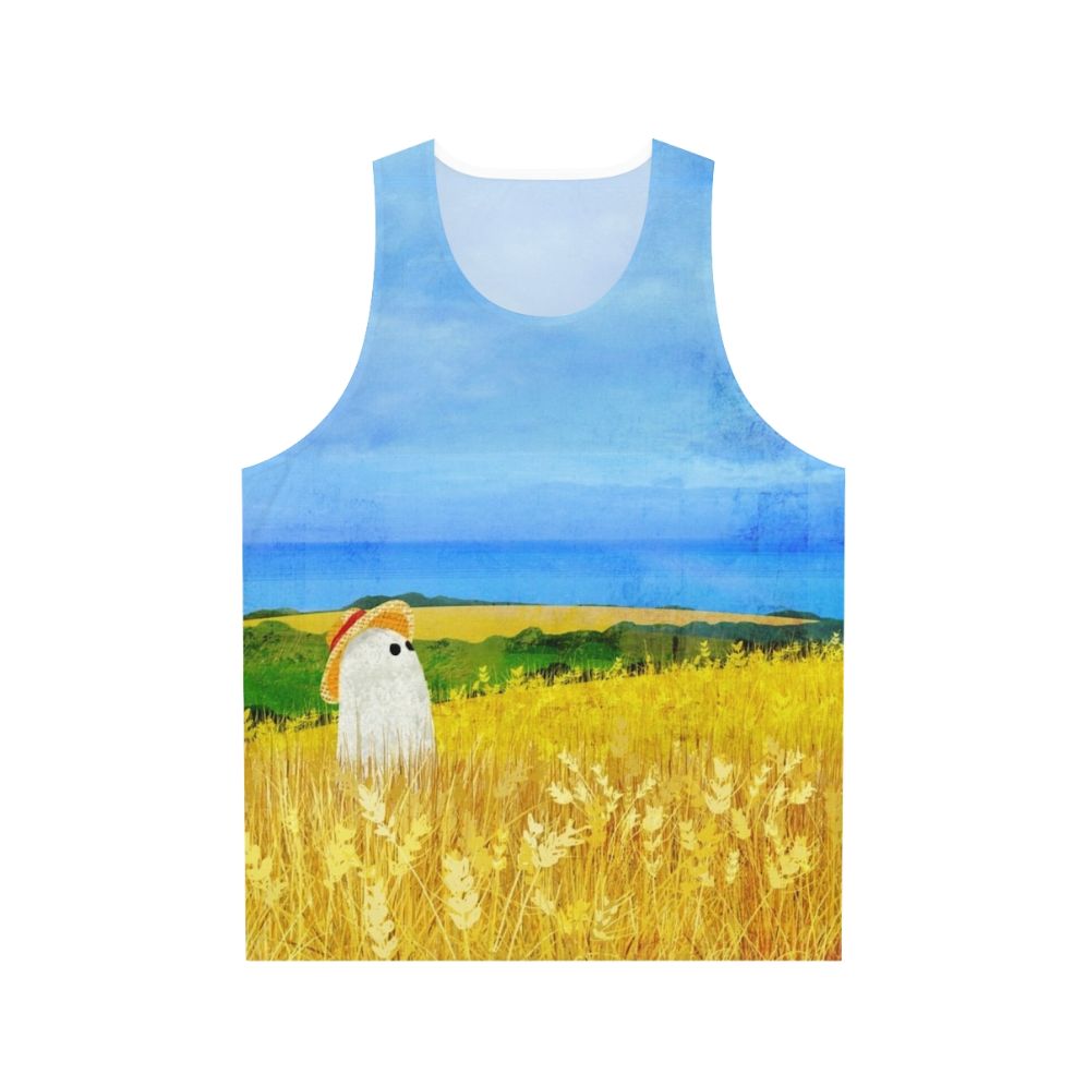 Unisex tank top with a ghost in a wheat field design