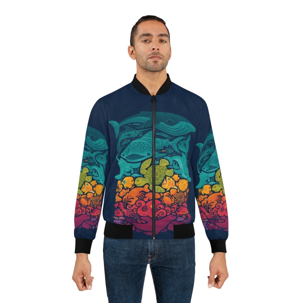 Aquatic Spectrum Bomber Jacket with Vibrant Sea Creature Design - Lifestyle