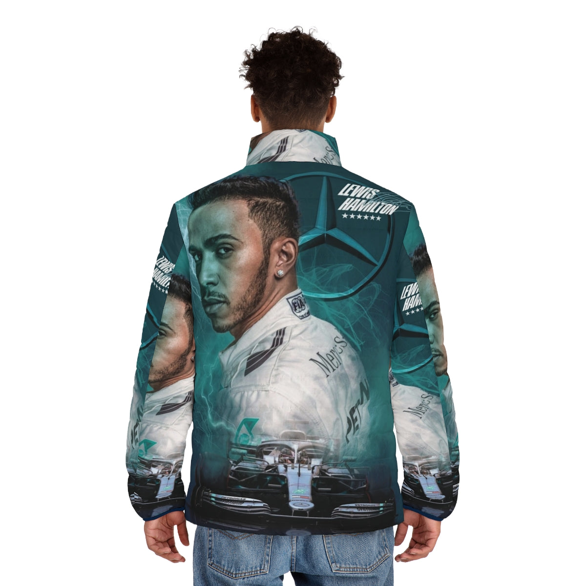 Lewis Hamilton wearing a puffer jacket with Mercedes AMG racing branding - men back