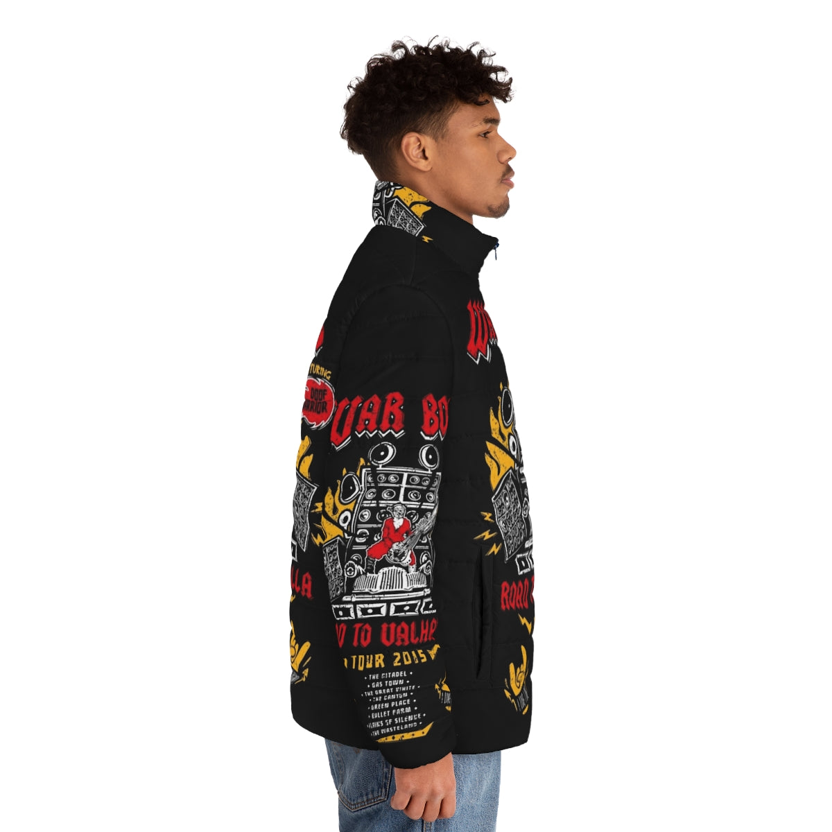 Road to Valhalla Puffer Jacket, featuring a post-apocalyptic design inspired by the movie franchise. - men side right