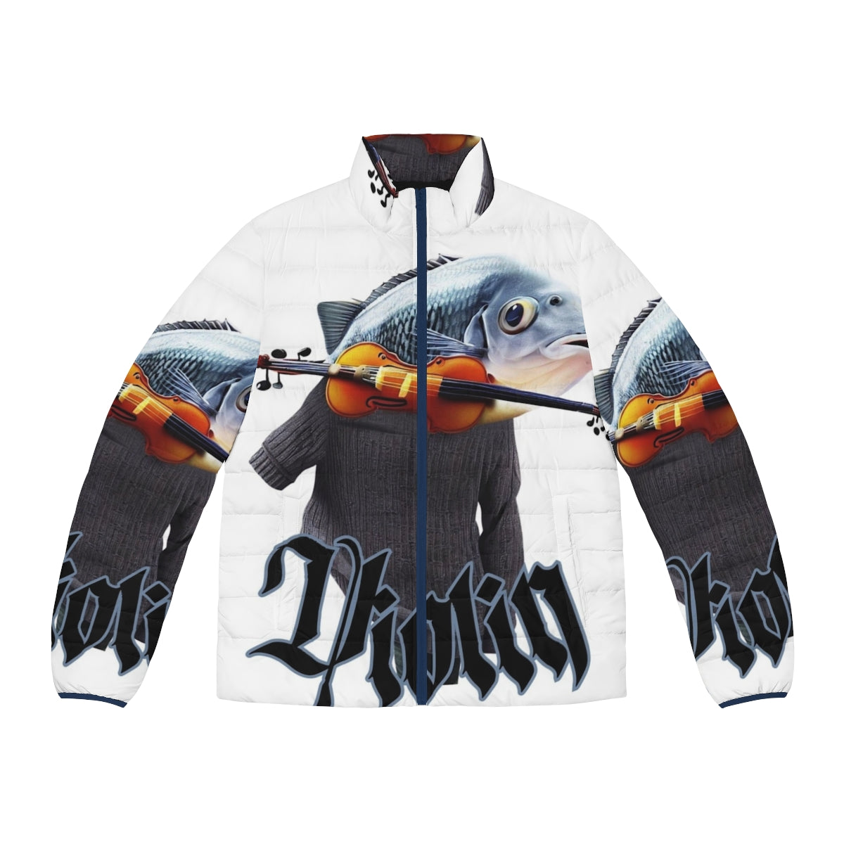 Puffer jacket featuring an illustration of a violin fish with scales and fins