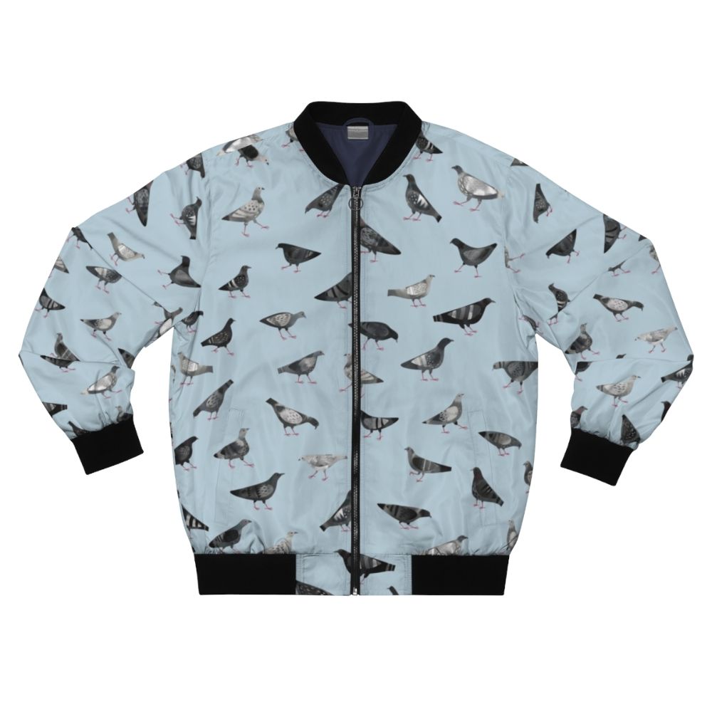 Bomber jacket featuring a pattern of urban pigeons/doves in shades of gray