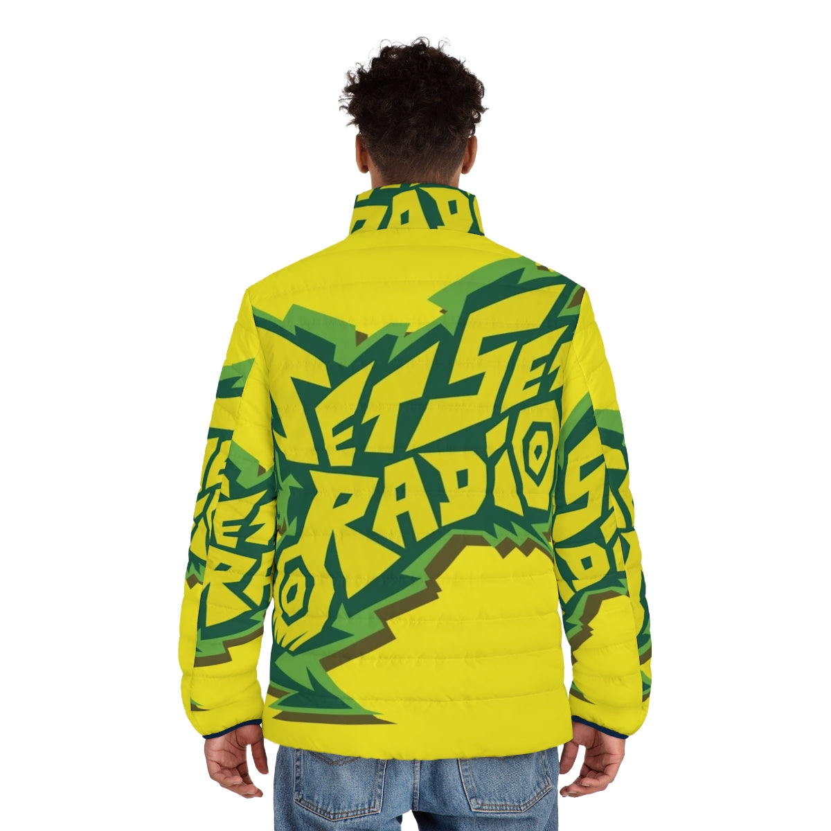 Jet Set Radio inspired puffer jacket with graffiti-style logo design - men back